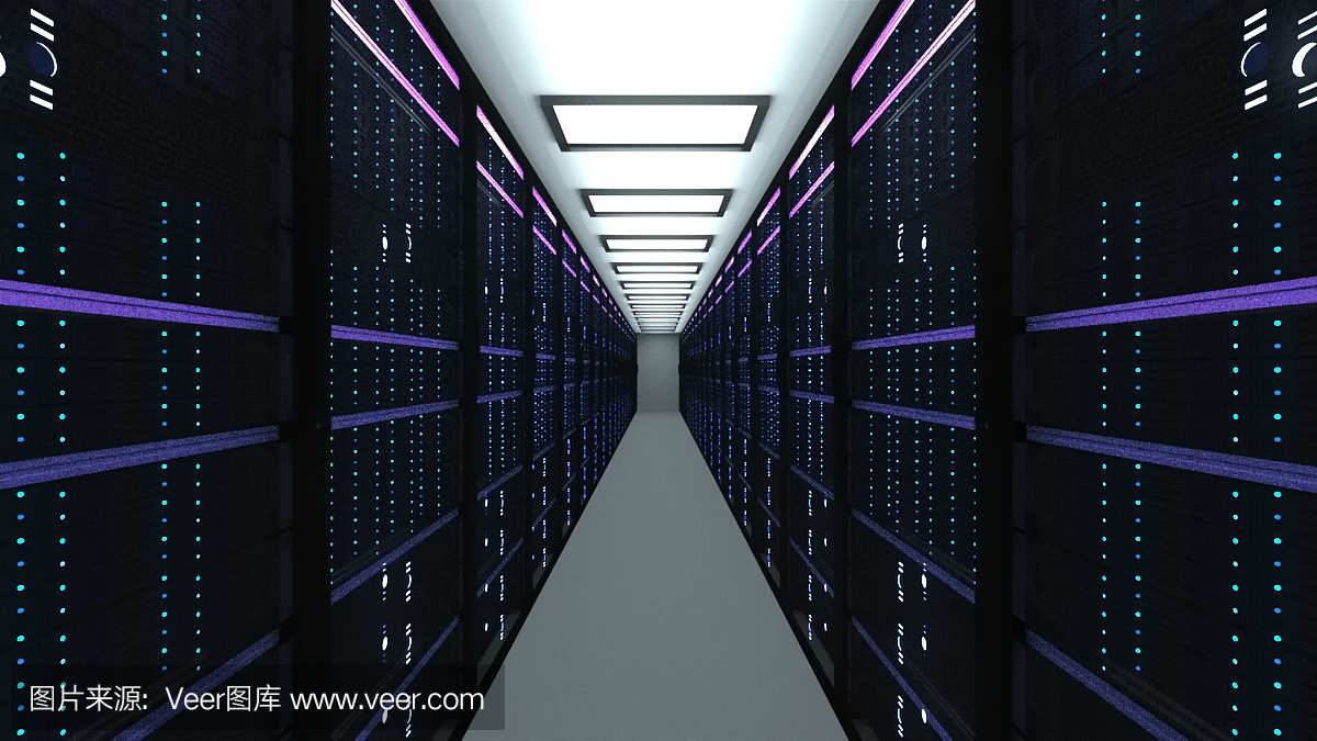 數據中心的現代服務器室內部,網絡和互聯網通信技術,大數據存儲和云服務概念,3d渲染