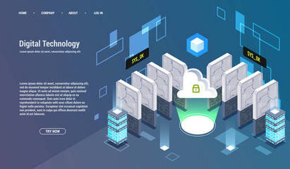 大數據處理、等距數據中心、矢量信息處理和存儲的概念。具有抽象幾何元素的創造性插圖